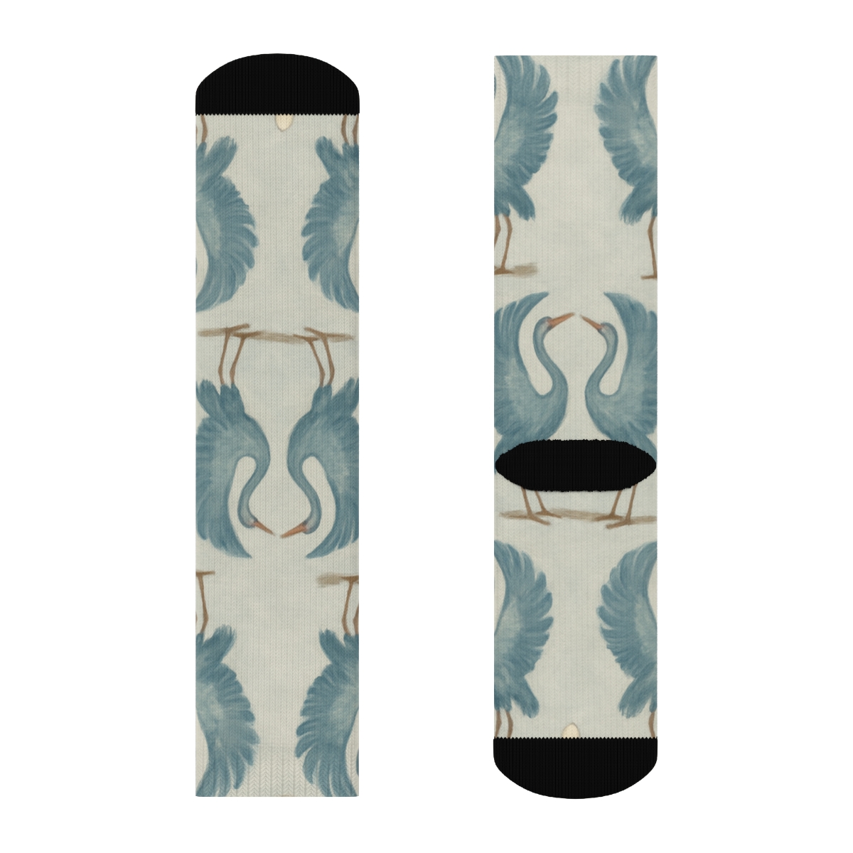 Crane Courtship Mirror Dance On Light Gray Background designer printed crew socks