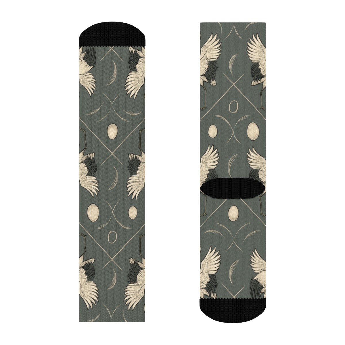 Crane Courtship Mirror Repeat On Slate Background unique graphic crew socks
