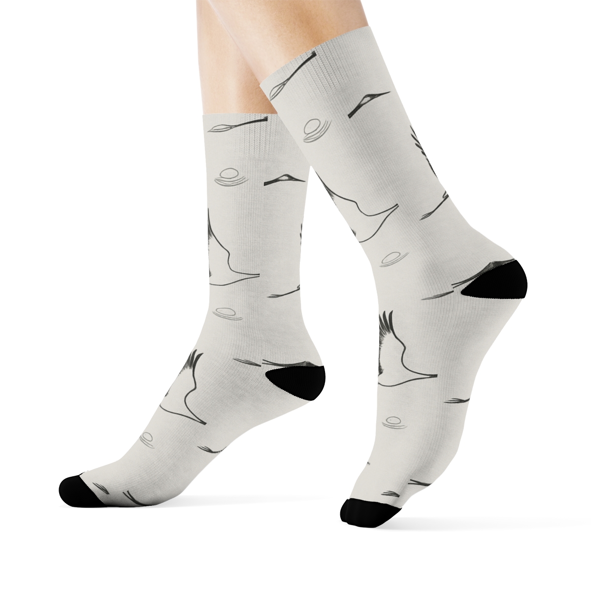 Cranes In Flight Diagonal Array On Mist Gray unique graphic crew socks