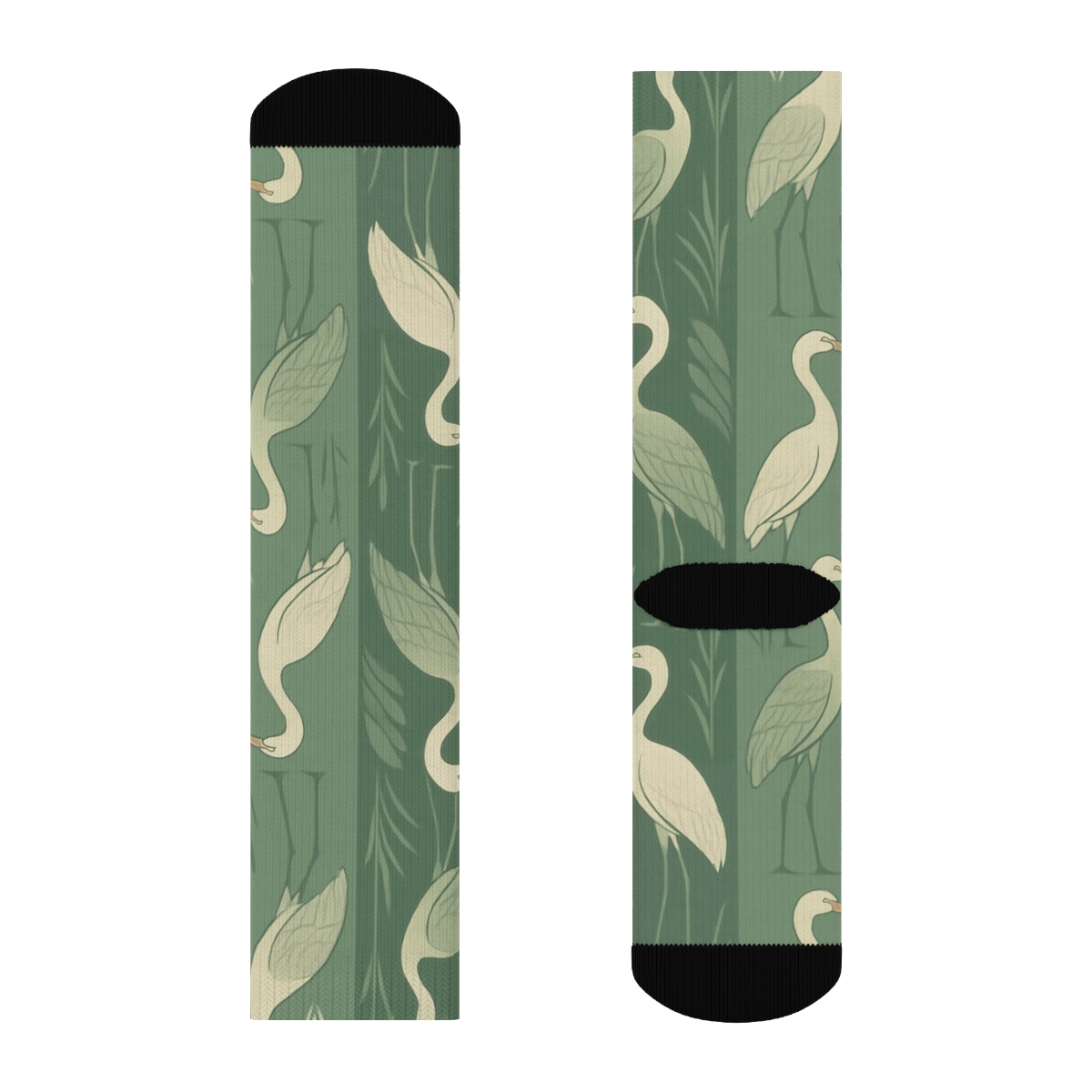 Cranes In Reeding Stripes On Misty Green designer printed crew socks