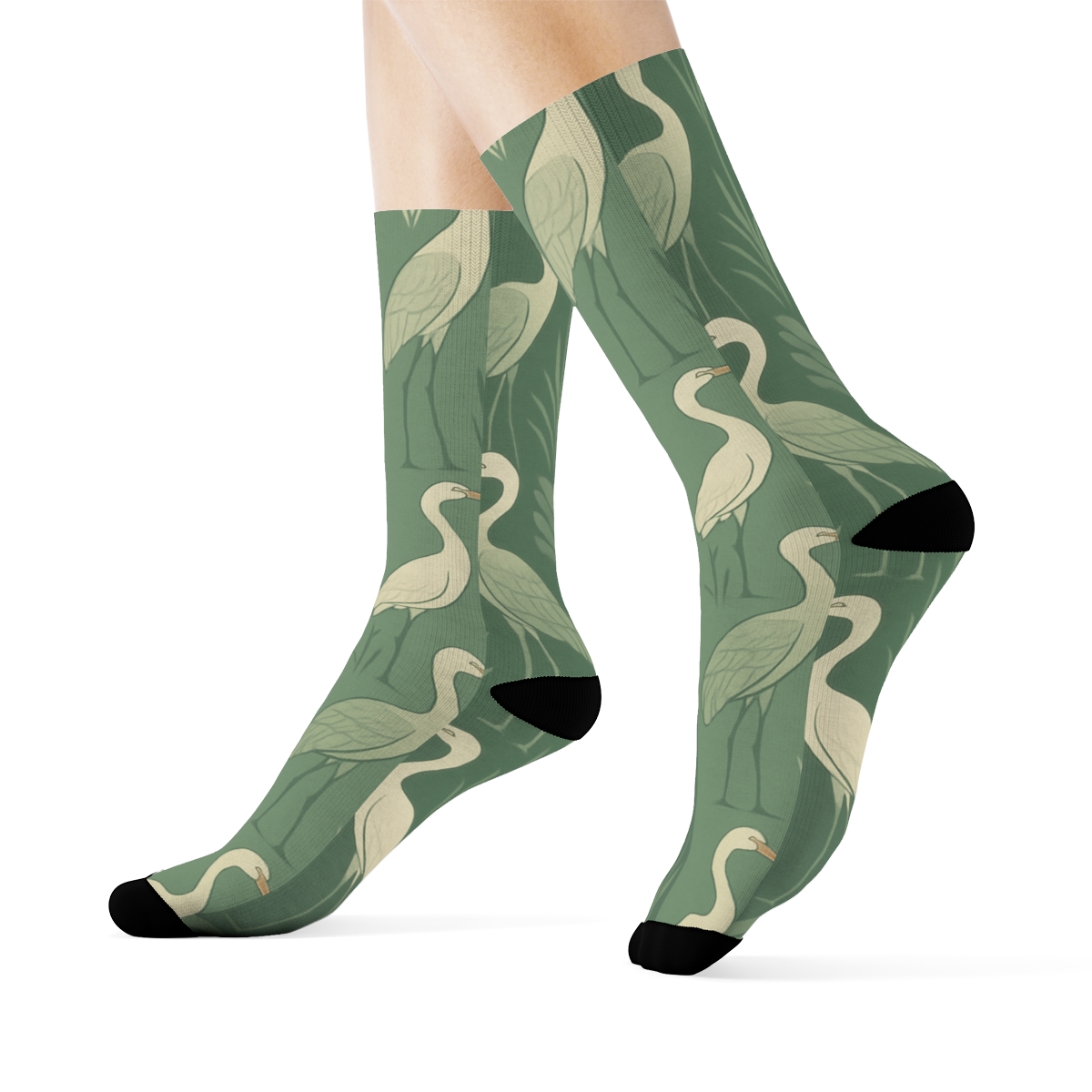 Cranes In Reeding Stripes On Misty Green designer printed crew socks