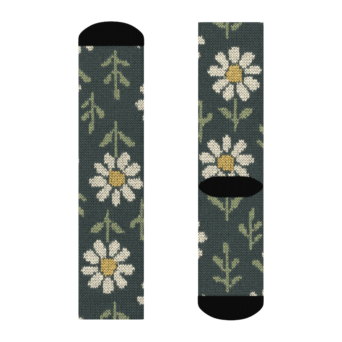 Cream Daisy Knit Grid On Charcoal Background personalized crew socks