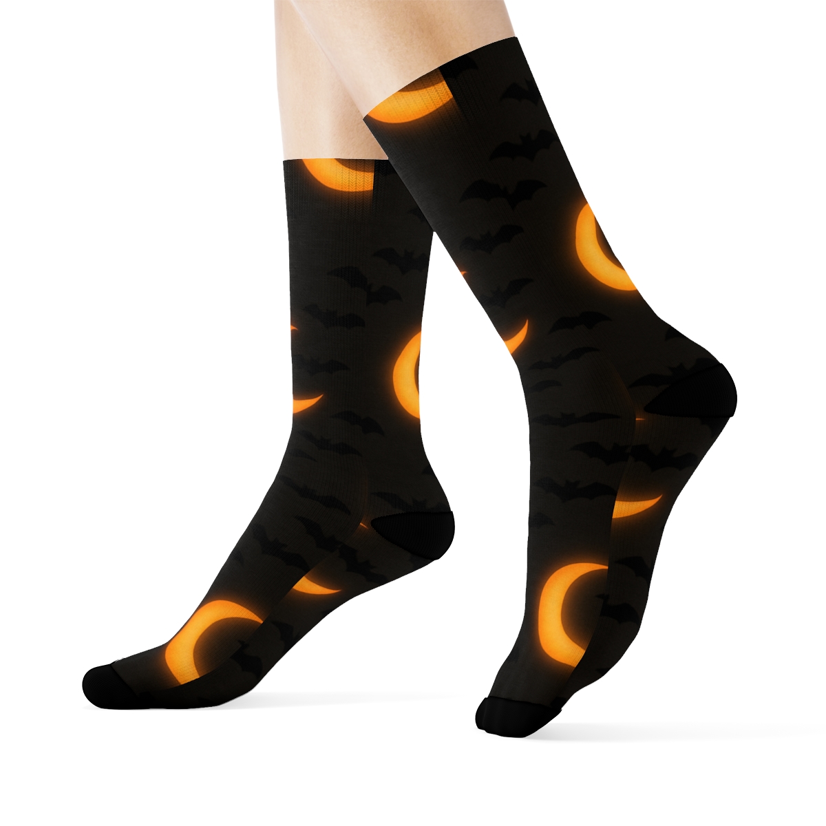 Crescent Moon Glow And Bat Swarm Diagonal Repeat On Black Background unique graphic crew socks