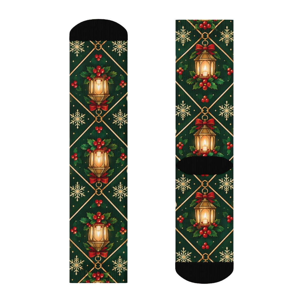 Crimson Alpaca Lantern Snowflake Diamond Repeat On Evergreen Background comfortable cotton crew socks [AI-fac2d24a-f87f553476cd]