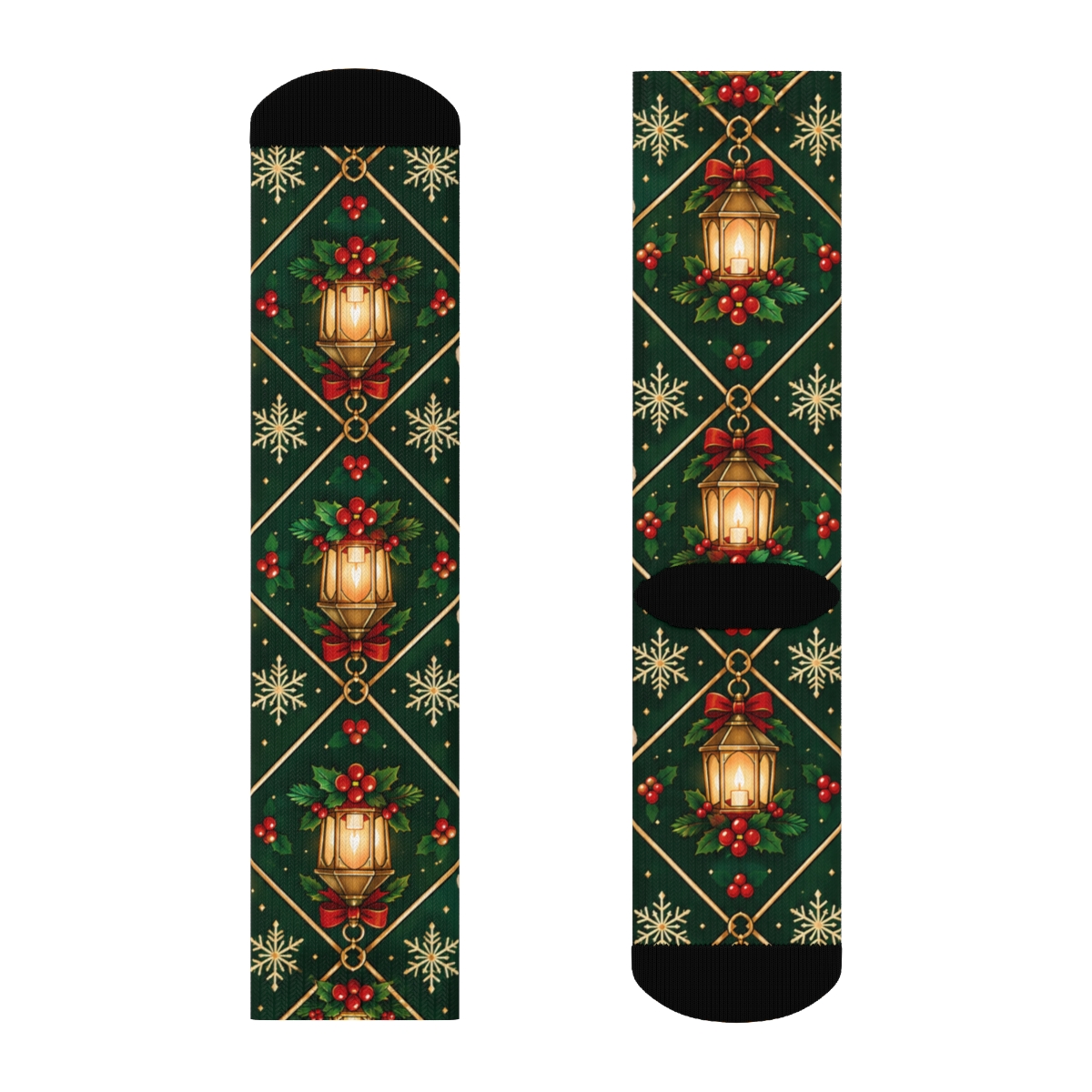 Crimson Alpaca Lantern Snowflake Diamond Repeat On Evergreen Background comfortable cotton crew socks [AI-fac2d24a-f24c0aa7cd0b]