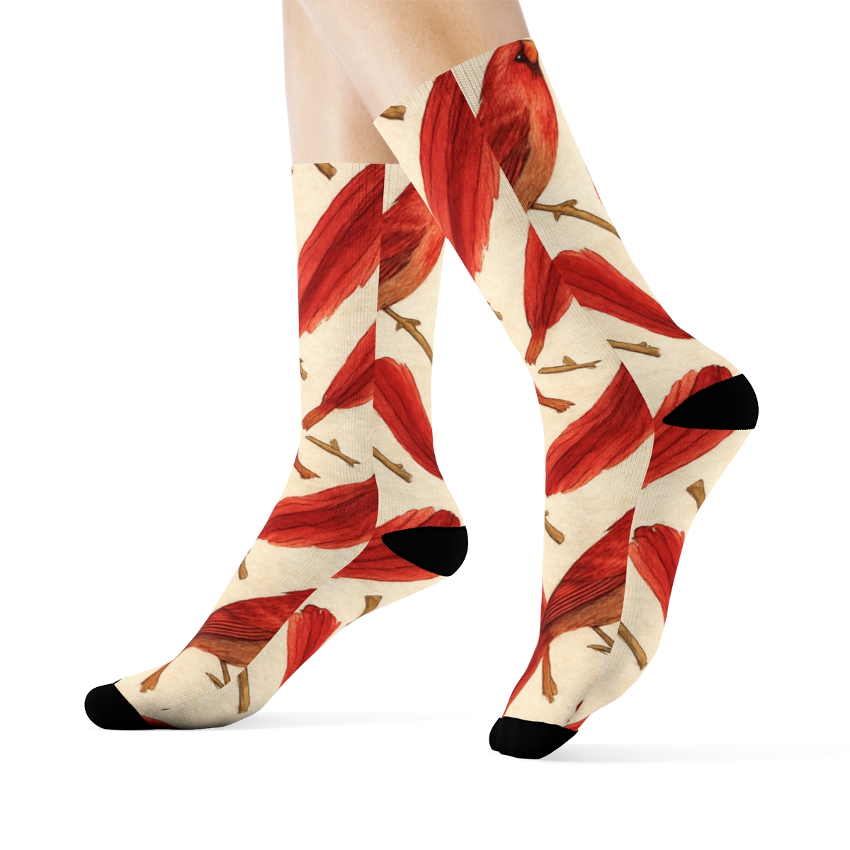 Crimson Cardinal Feather Lattice On Ivory Background soft everyday crew socks