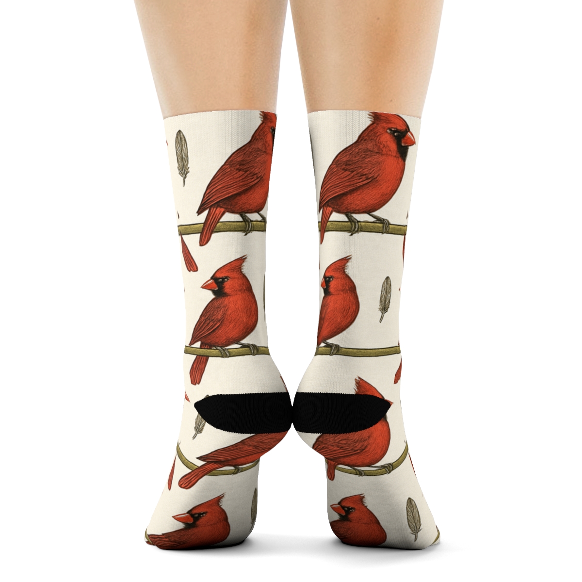 Crimson Cardinal Perch Stripe On Snow White Background trendy patterned crew socks