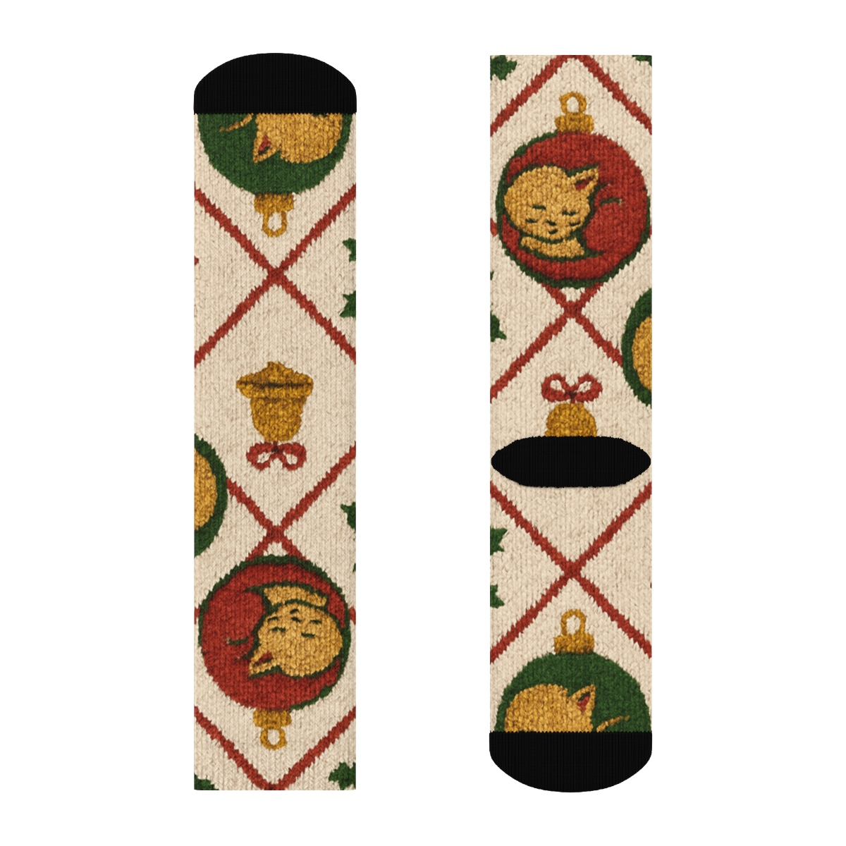 Crimson Knitted Kittens Ornament Lattice On Ivory Background premium sports crew socks
