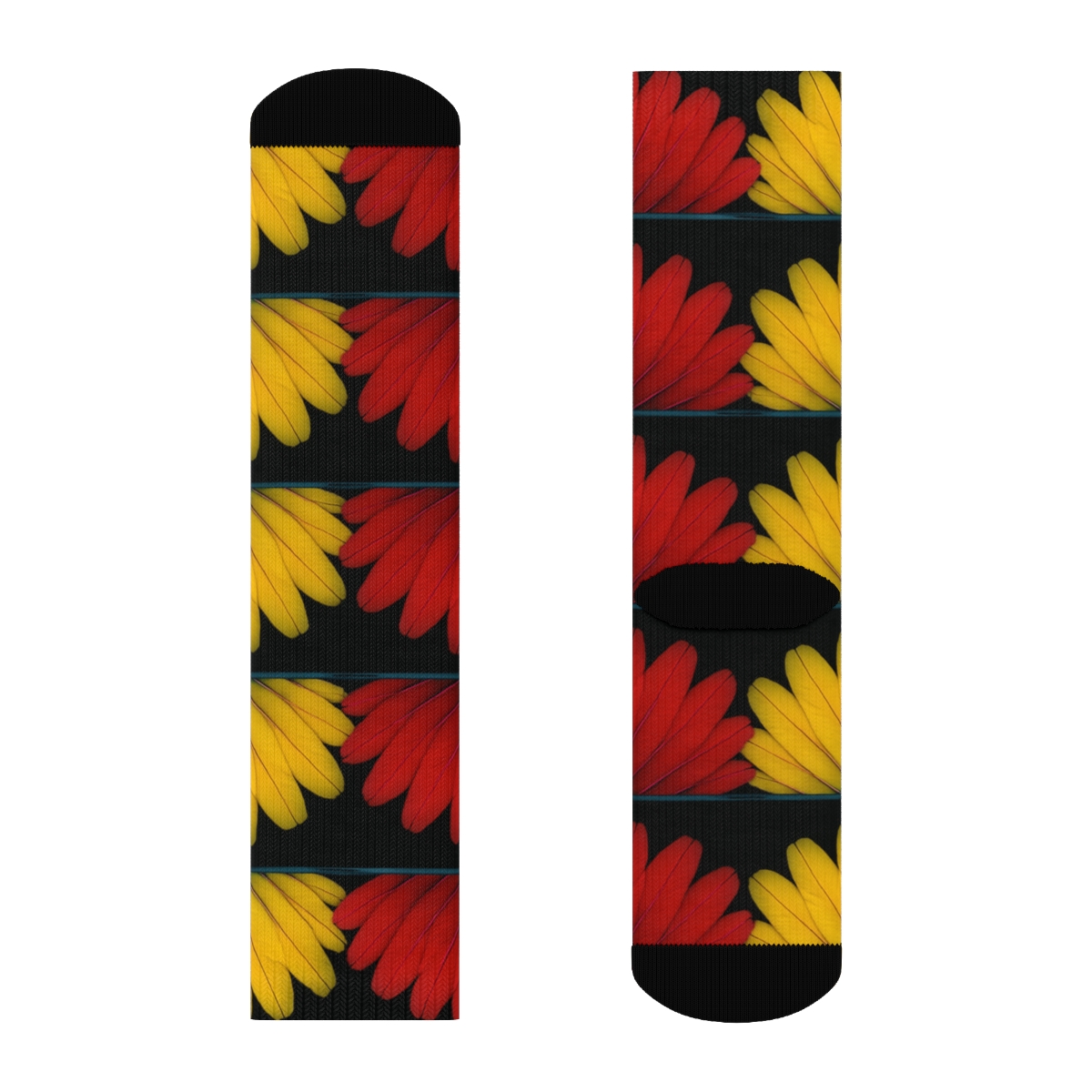 Crimson Macaw Feather Fan Bands On Black trendy patterned crew socks