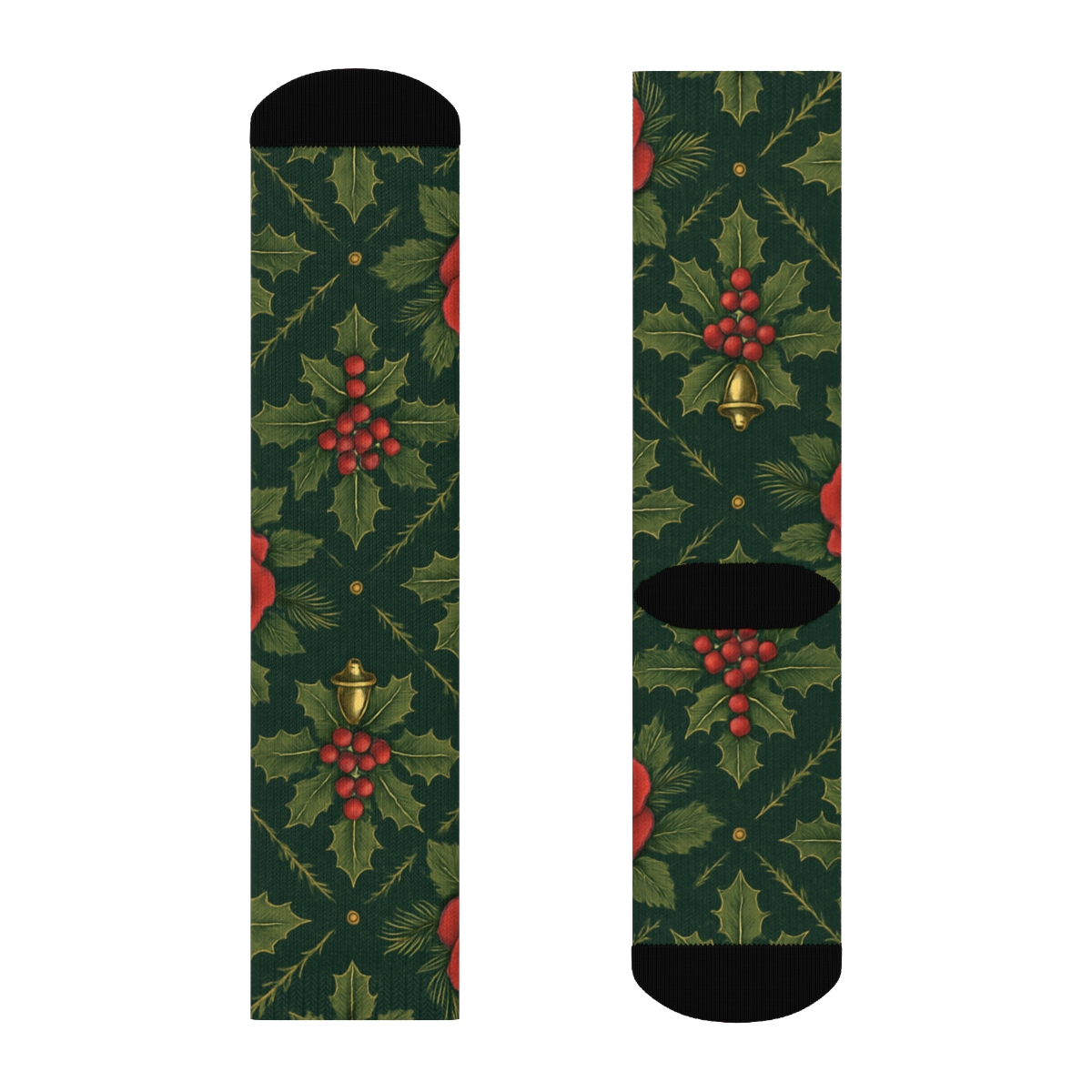Crimson Rose And Holly Lattice On Deep Forest Background comfortable cotton crew socks