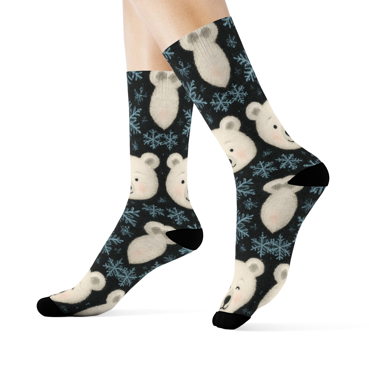 Polar Bear Faces With Snowflake Overlay On Midnight Black Background custom crew socksPolar Bear Faces with Snowflake Overlay on Midnight Black Background Crew Socks - Image 3