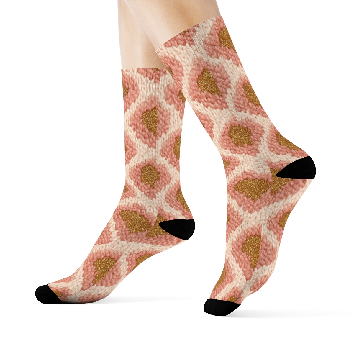 Blush Gold Knit Rosette Chevron Tile designer printed crew socks