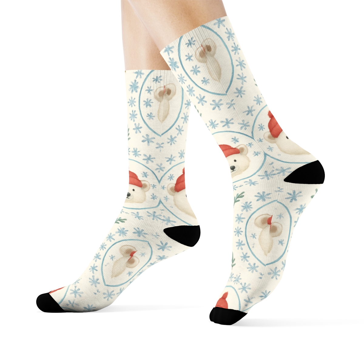 Polar Bear Candlelight Concentric Snowflake Rings On Ivory Background premium sports crew socks