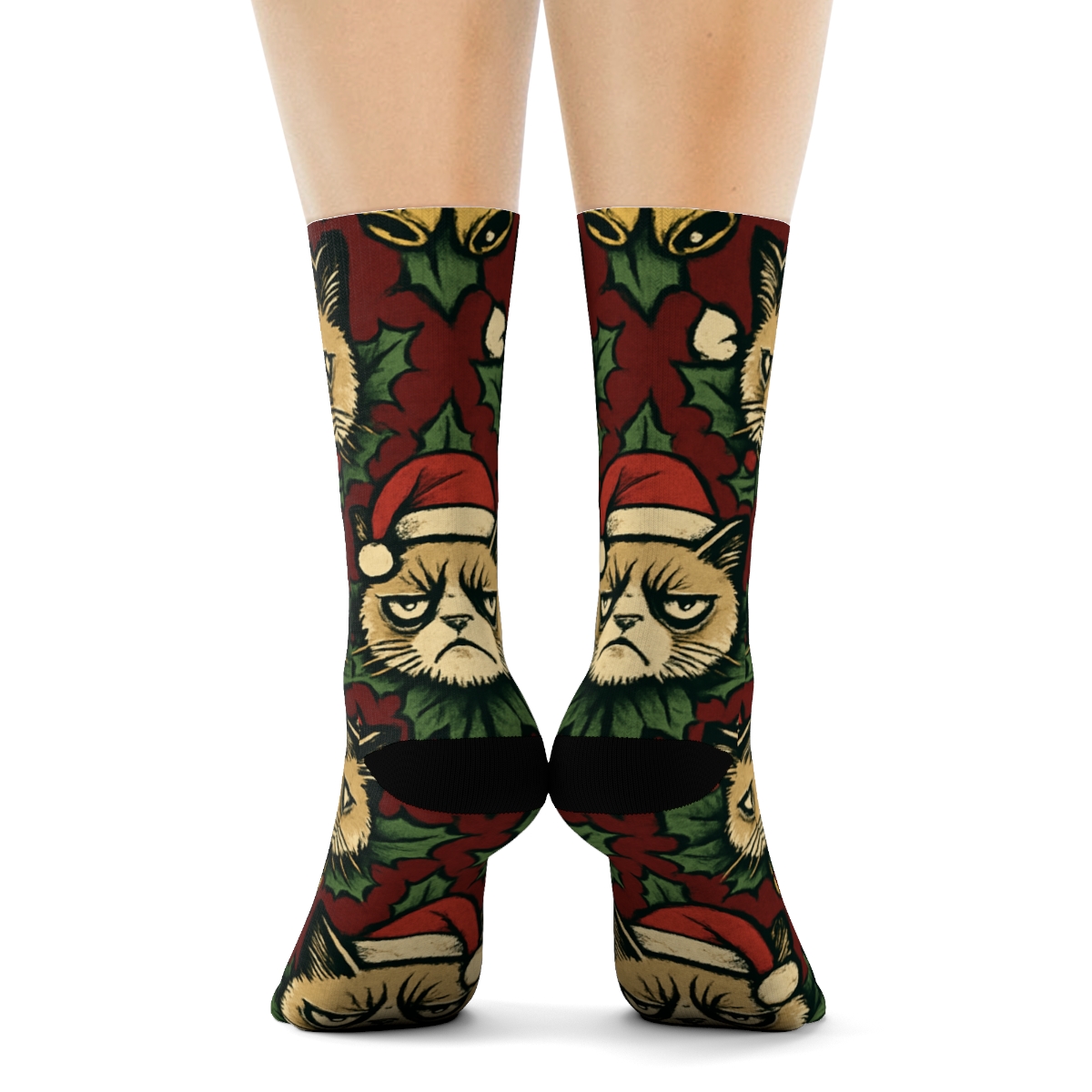 Holly Bow Grumpy Cats Diamond Tiling On Cranberry Red Background trendy patterned crew socks
