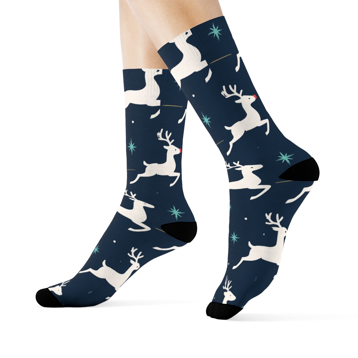 Reindeer Silhouettes In Rudolph Midnight Grid custom crew socks