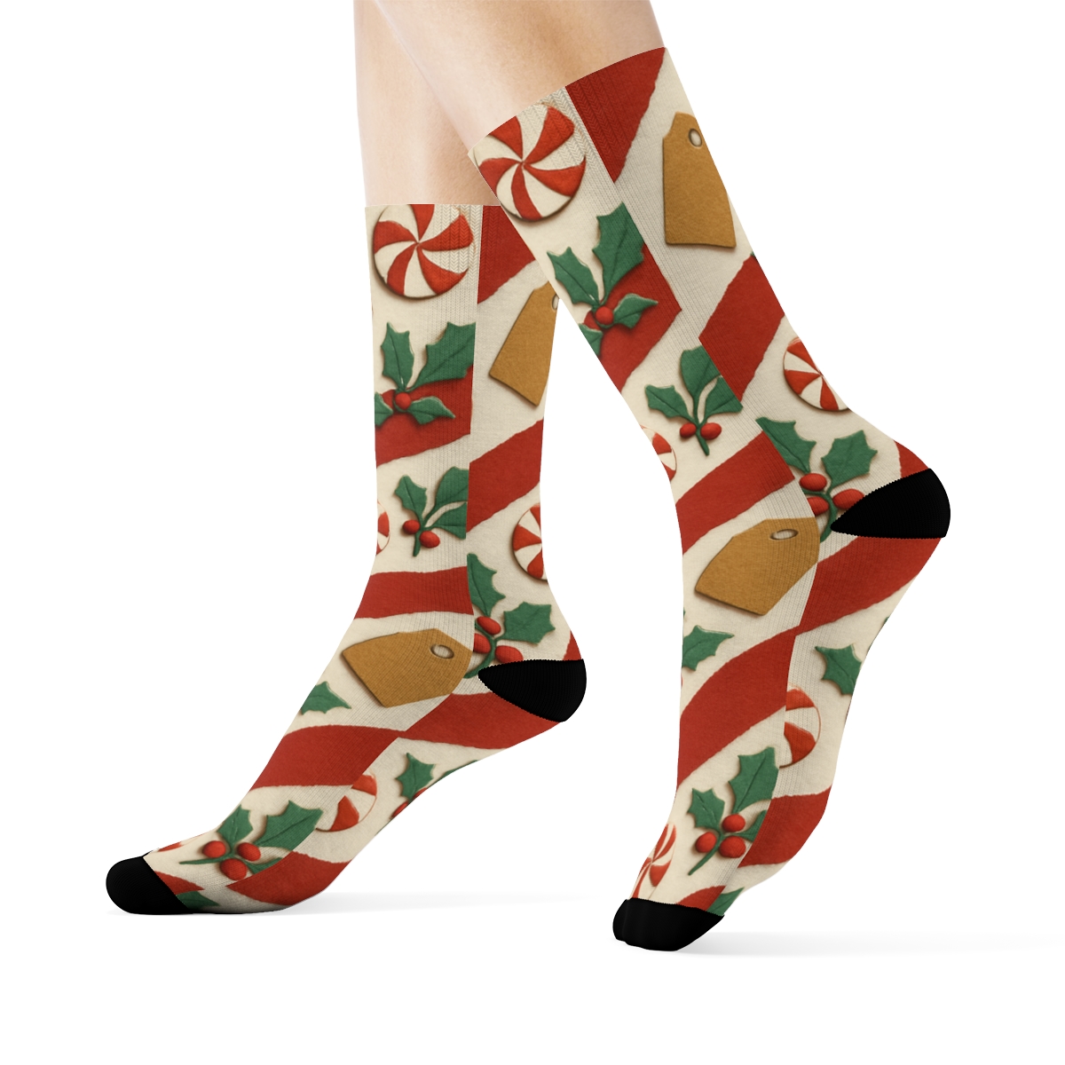 Festive Collage Stripe Waves With Candy Canes Highlights soft everyday crew socks