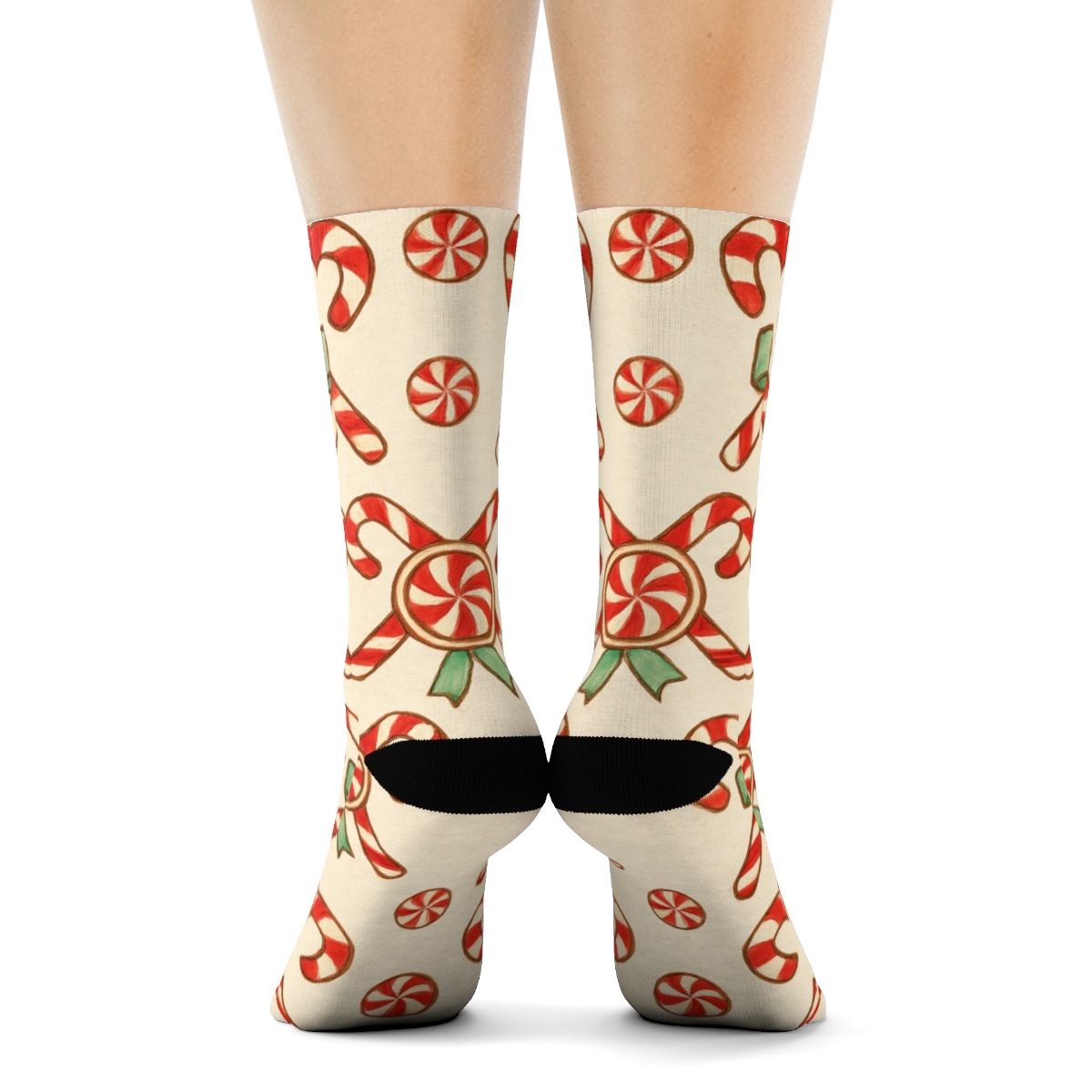 Peppermint Swirl Medallions With Candy Canes On Ivory premium sports crew socks