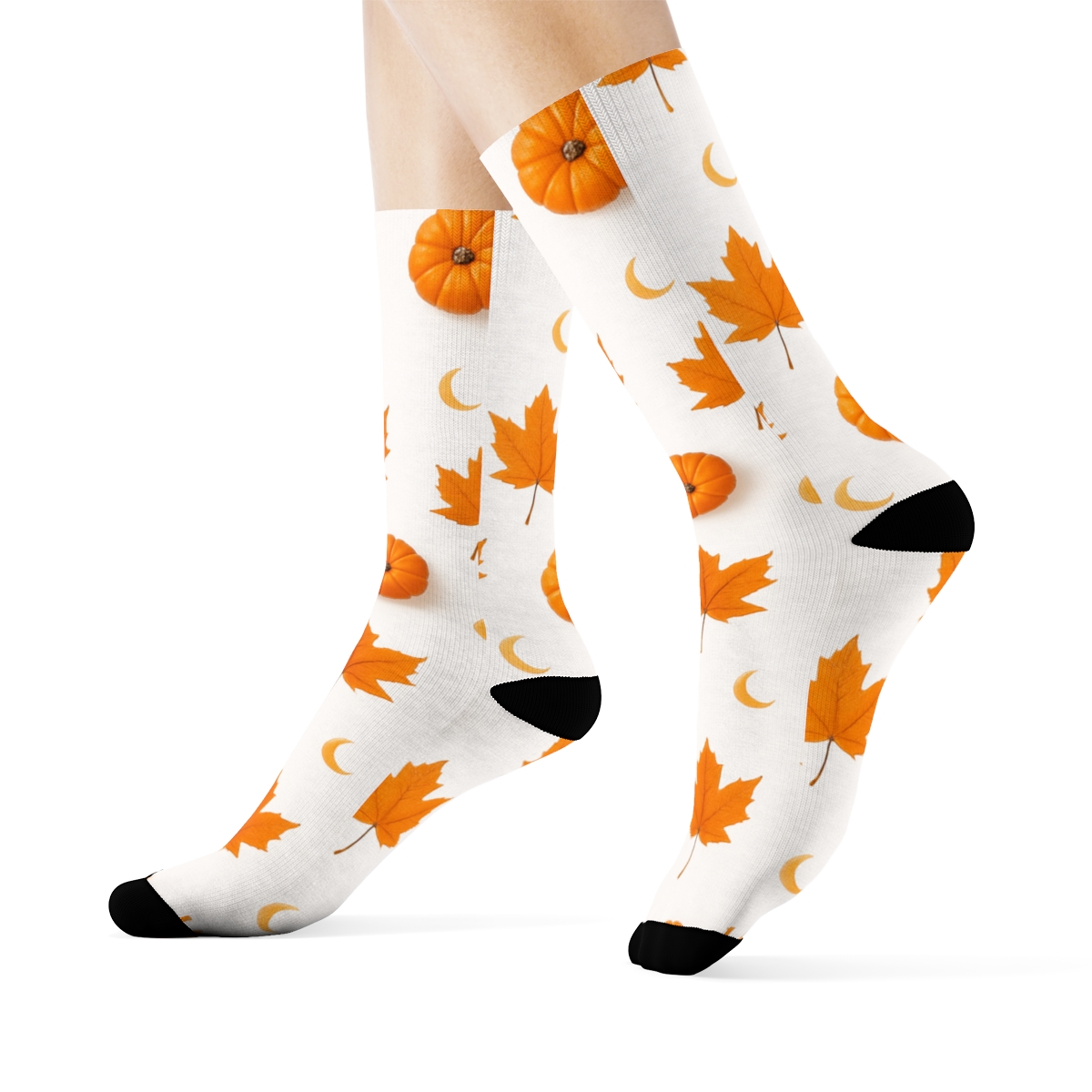 Autumn Leaf And Mini Pumpkin Scatter Grid On White Background custom crew socks