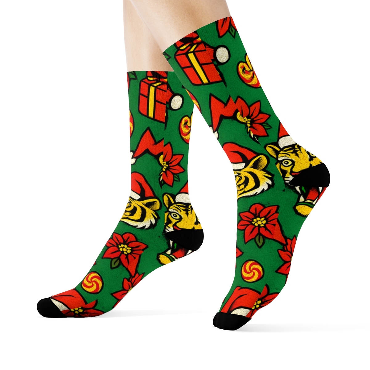 Pop Art Tiger Poinsettia Burst Scatter On Green Background trendy patterned crew socks