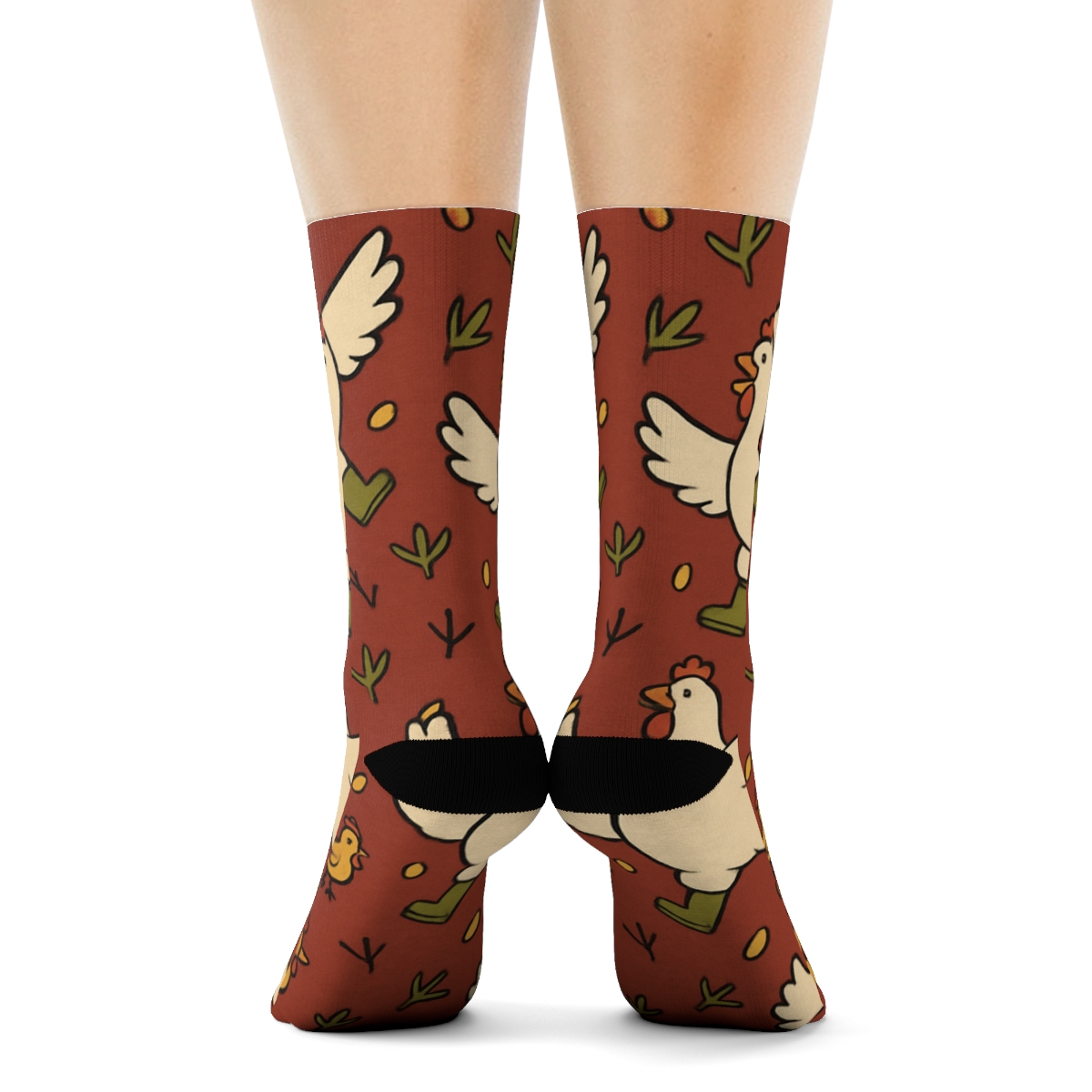 Barn Red Grid With Dancing Hens, Chicken Edition unique graphic crew socks