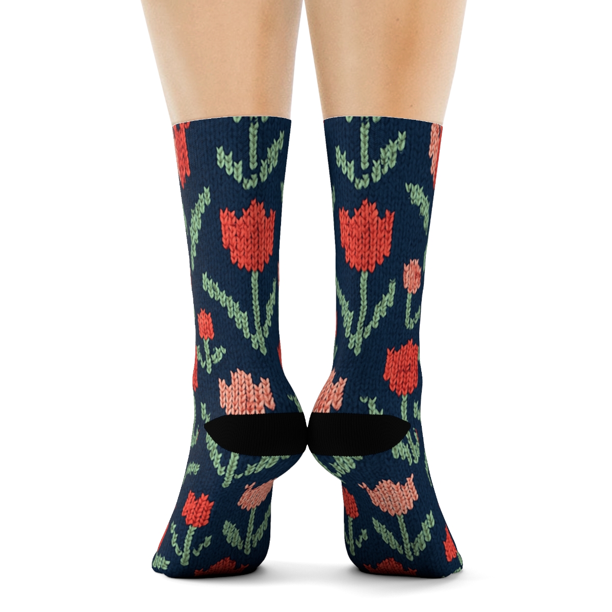 Knitted Tulip Lattice On Navy Background designer printed crew socks