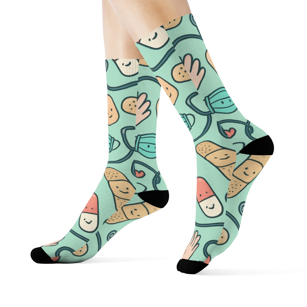 Pastel Mint Bandage Rhythm With Nurse Icons personalized crew socksPastel Mint Bandage Rhythm with Nurse Icons Crew Socks - Image 3