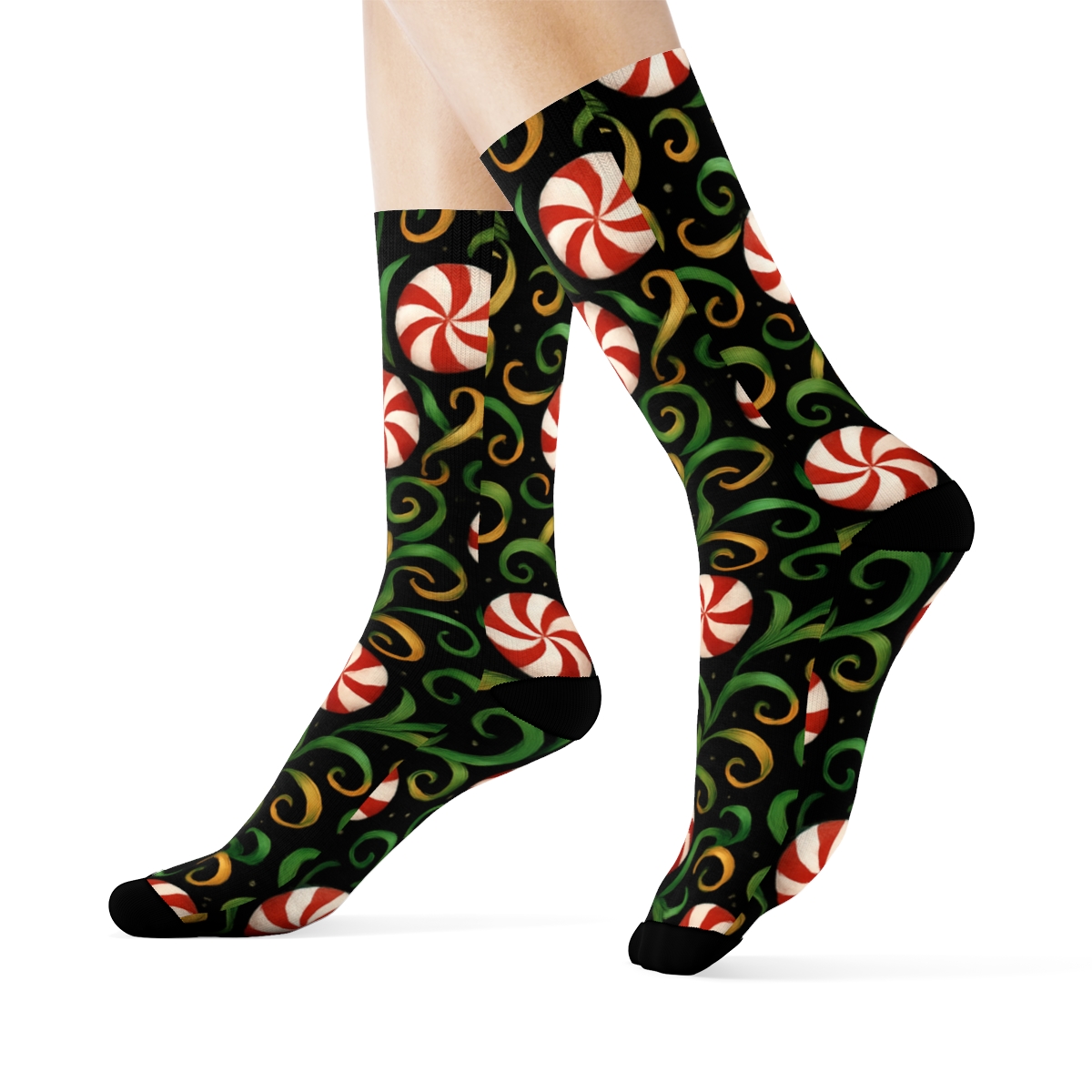 Candy Swirls With Christmas Ribbons Spiral stylish athletic crew socks