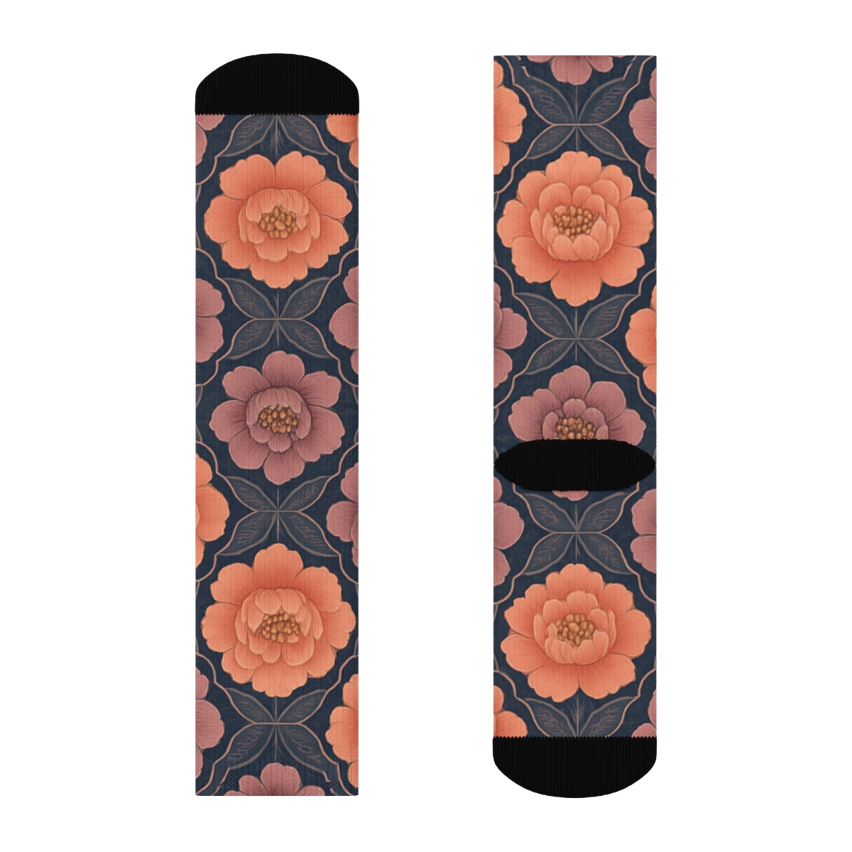 Peony Tessellation On Navy Blue Background stylish athletic crew socks