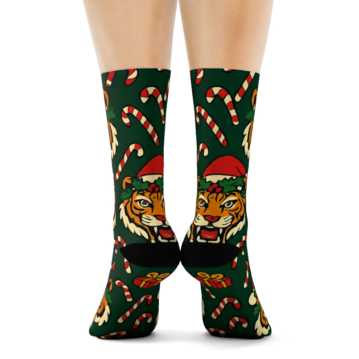 Holly Crown Tiger Tessellation On Deep Pine Green Background custom crew socks