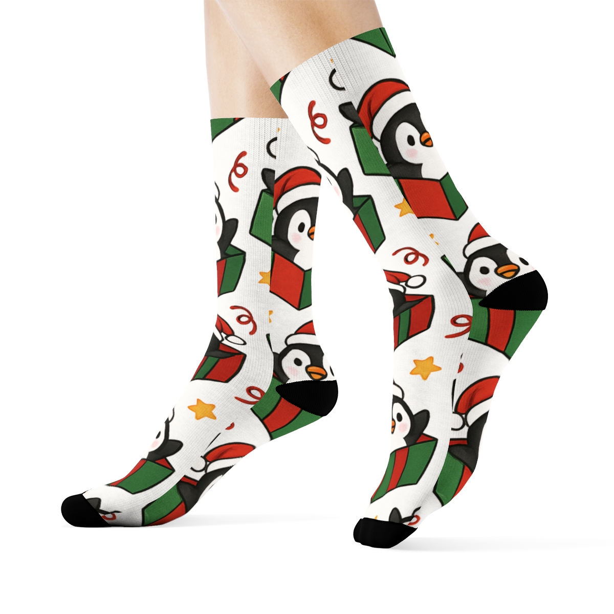 Penguin Gift Box Confetti Field designer printed crew socks