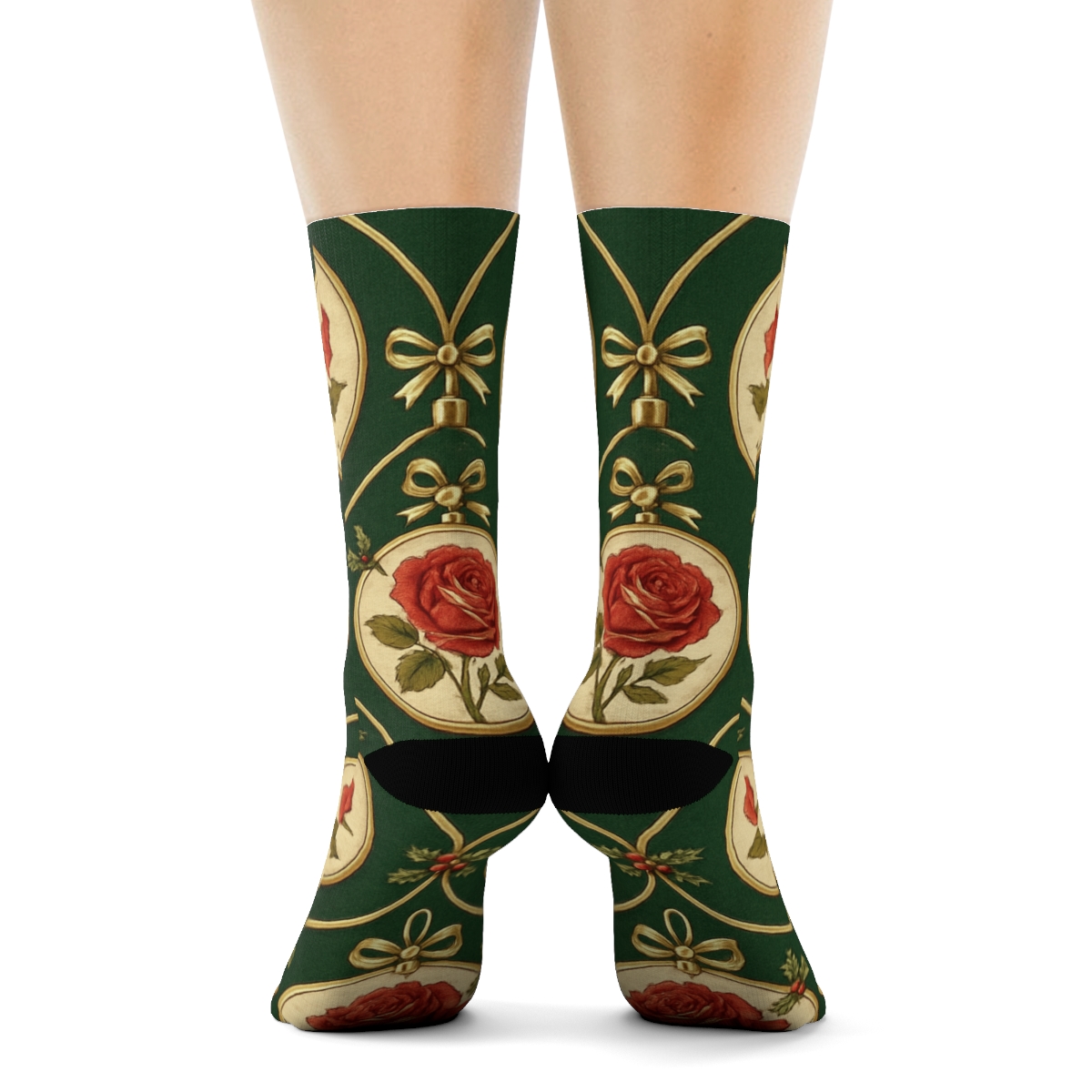 Crimson Rose Ornament Lattice On Pine Green Background trendy patterned crew socks