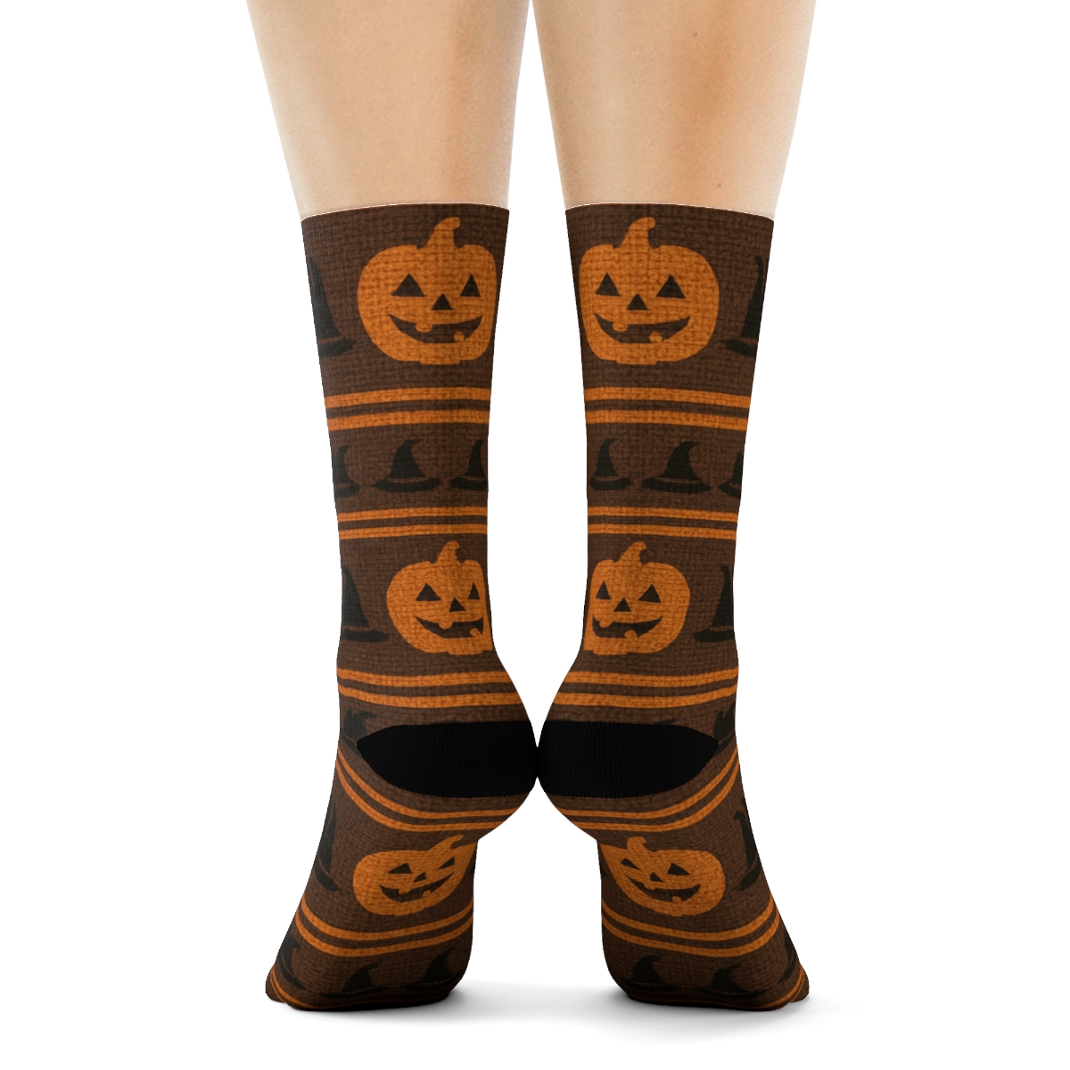 Witch Hat And Pumpkin Stripe Weave On Deep Brown Background designer printed crew socks