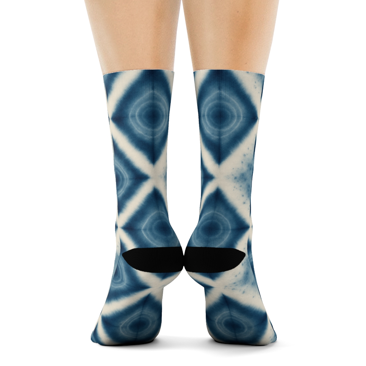 Indigo Shibori Diamond Lattice With Ice Dye Speckle On Ivory Background trendy patterned crew socksIndigo Shibori Diamond Lattice with Ice Dye Speckle on Ivory Background Crew Socks - Image 4