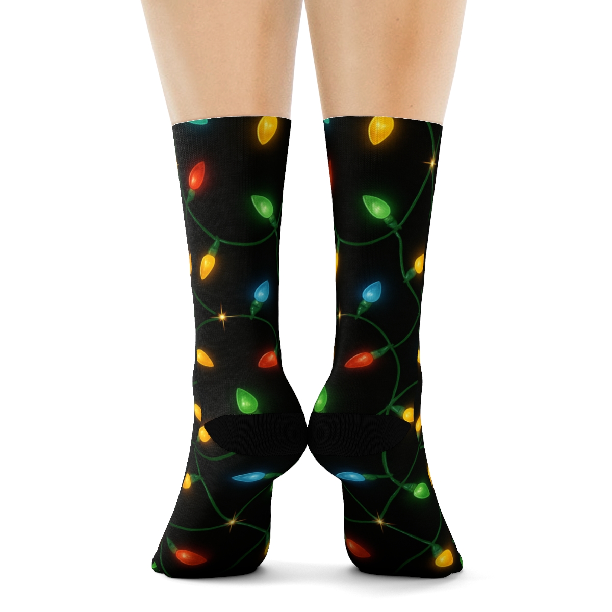 Xmas Light Tangle Glow On Black comfortable cotton crew socks