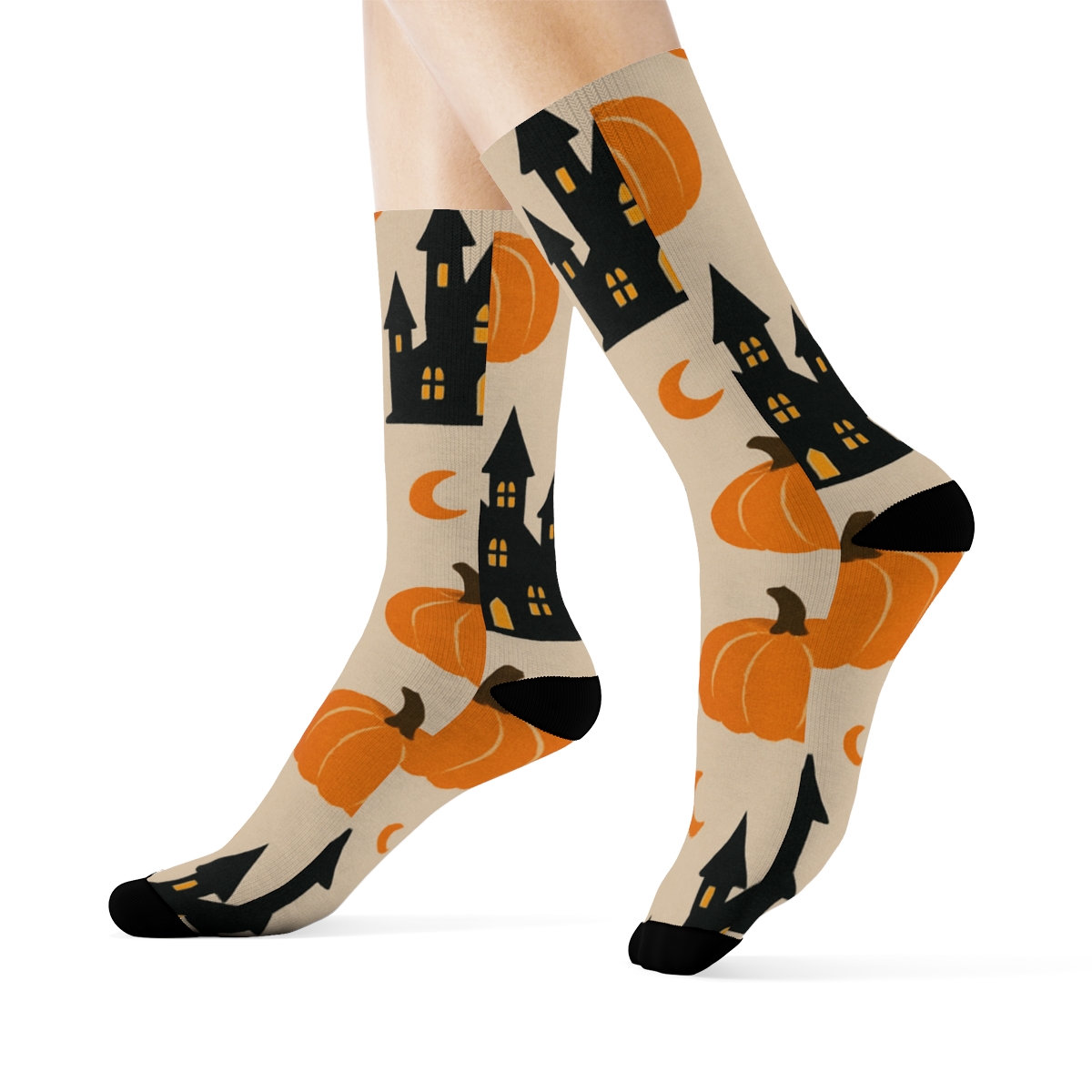 Haunted House Silhouette And Pumpkin Scatter On Proper Neutral Background trendy patterned crew socks