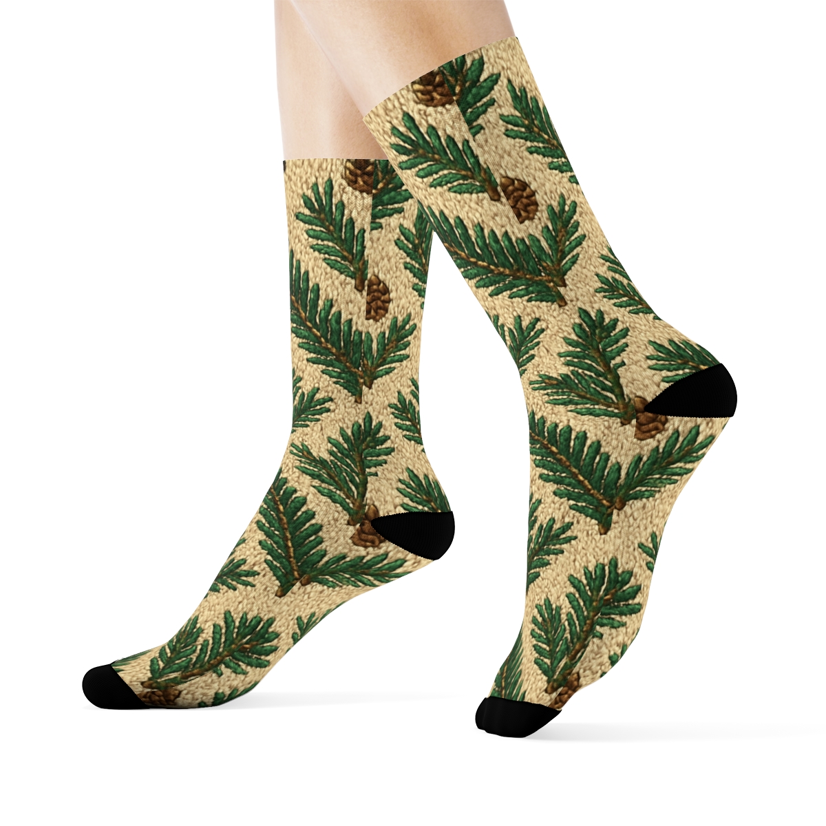 Knitted Chevron Study Of Evergreen Branches designer printed crew socks