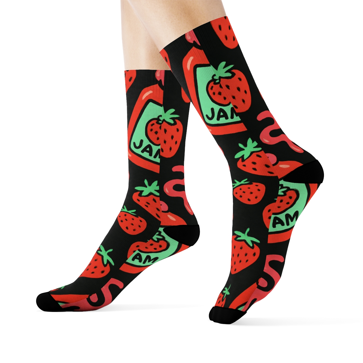 Midnight Strawberry Jam Jar Toss designer printed crew socks