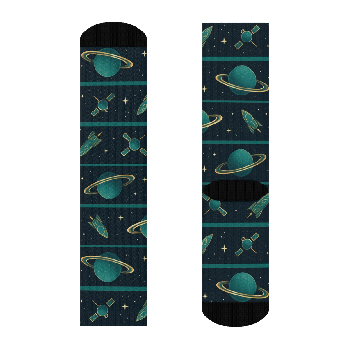Ionized Teal Orbital Bands On Deep Navy Background unique graphic crew socks