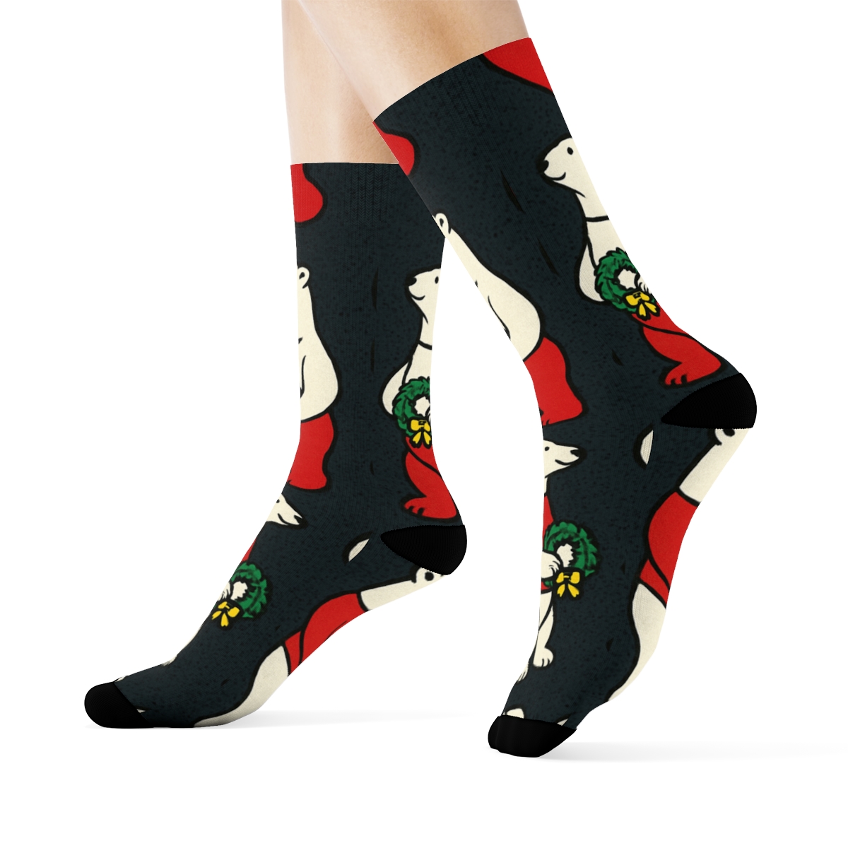 Polar Bear Stocking Checkerboard On Charcoal Background custom crew socks