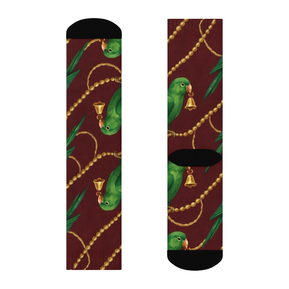 Golden Bell Parrot Diagonal Garland On Burgundy Background designer printed crew socks