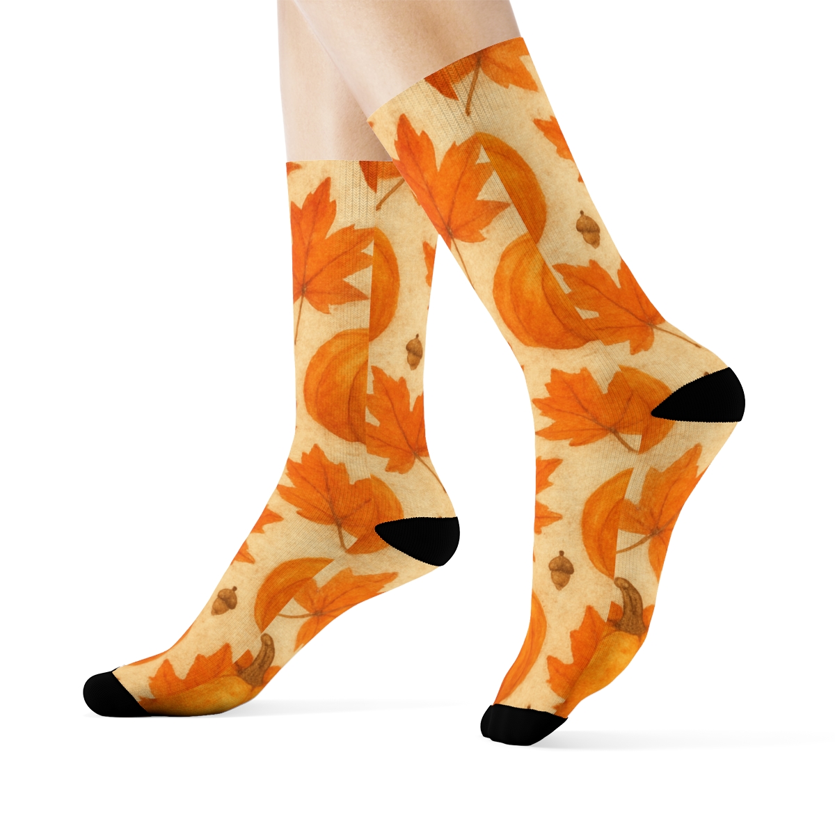 Autumn Leaf And Pumpkin Scatter On Neutral Background comfortable cotton crew socks