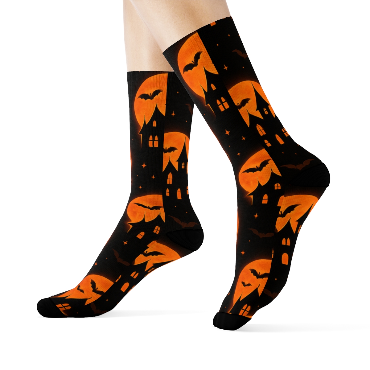 Haunted House Silhouette And Orange Moon Repeat On Black Background premium sports crew socks