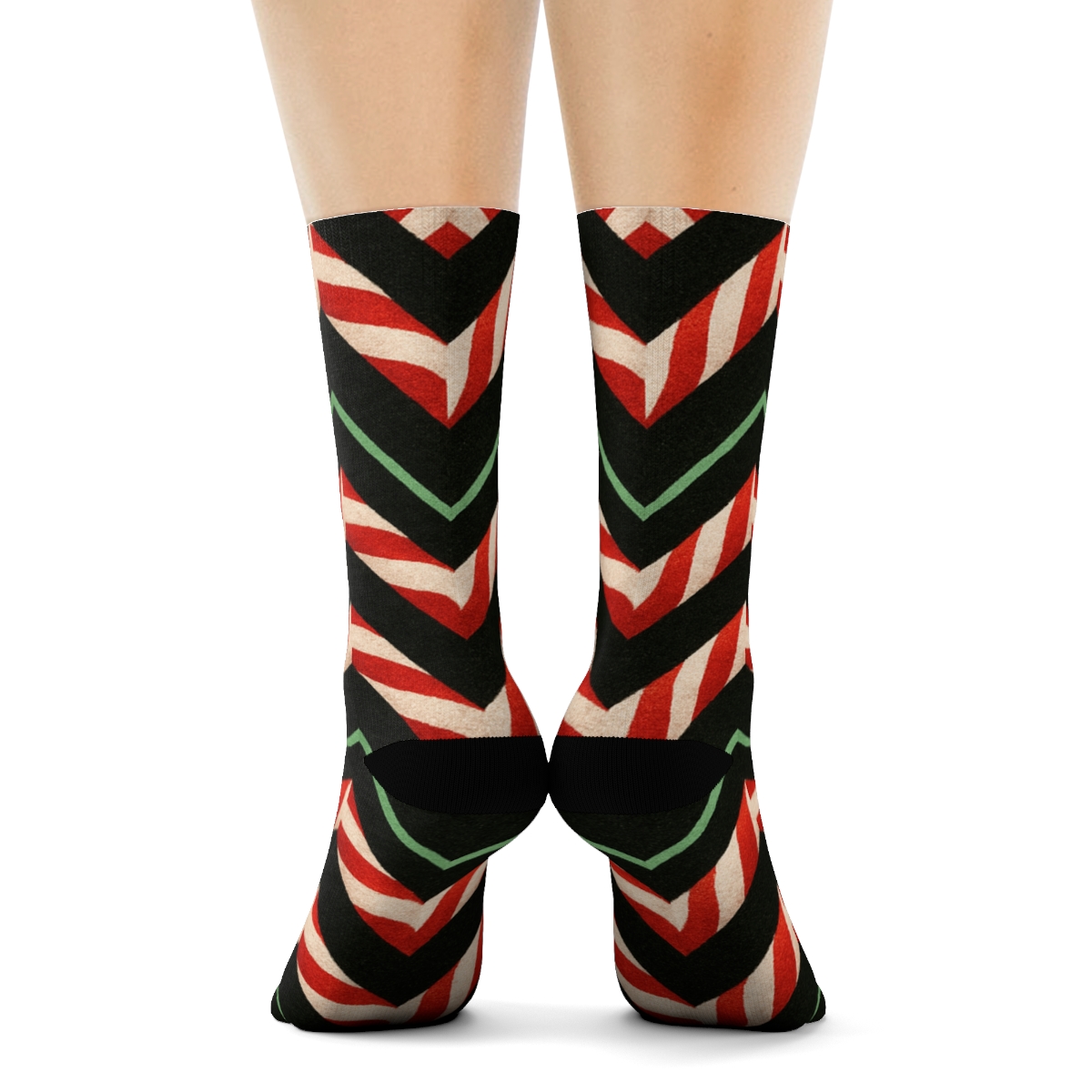 Candy Canes Chevron Stripe Wave On Black Background custom crew socksCandy canes Chevron Stripe Wave on Black Background Crew Socks - Image 4