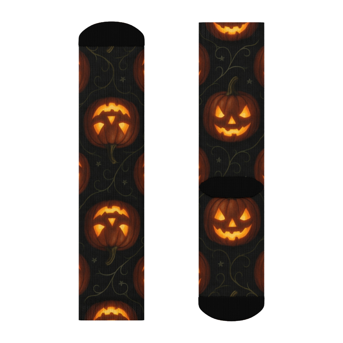 Glowing Pumpkin Tessellation On Black Background designer printed crew socks