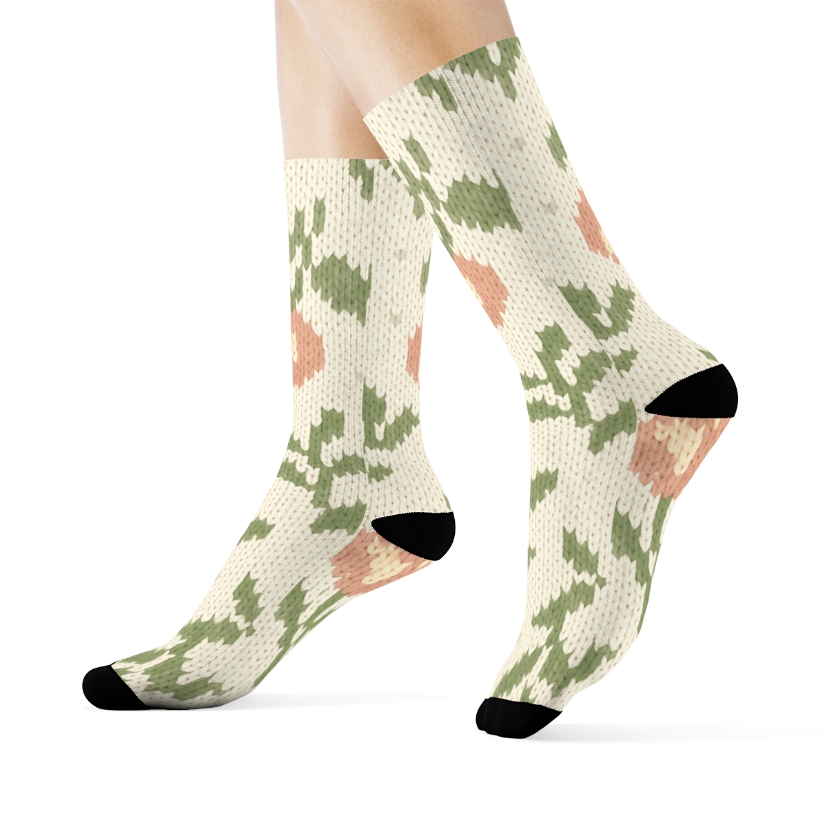 Sage Tulip Chevron Knit On Cream Background personalized crew socks