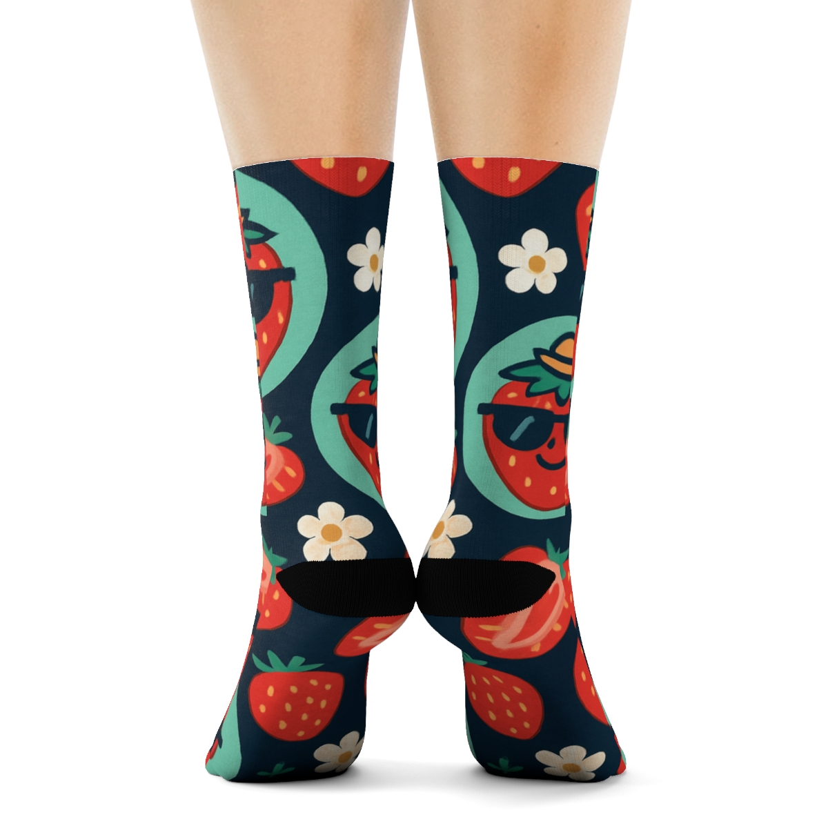Playful Strawberry Character Spotlight On Navy Blue personalized crew socks