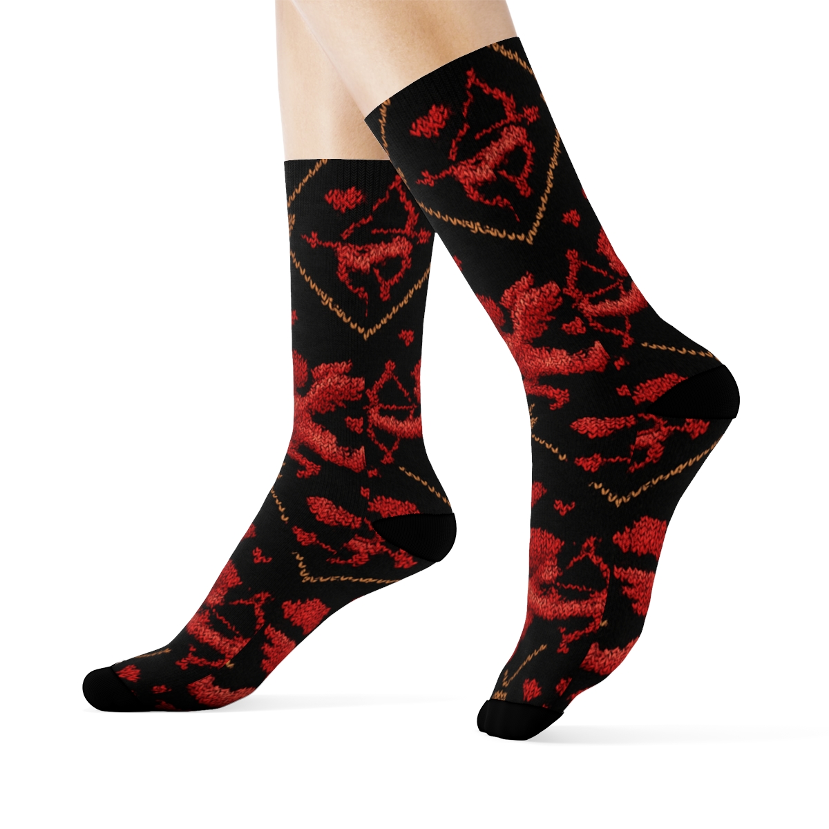 Valentines Cupid Silhouette Knit Illusion Lattice premium sports crew socks