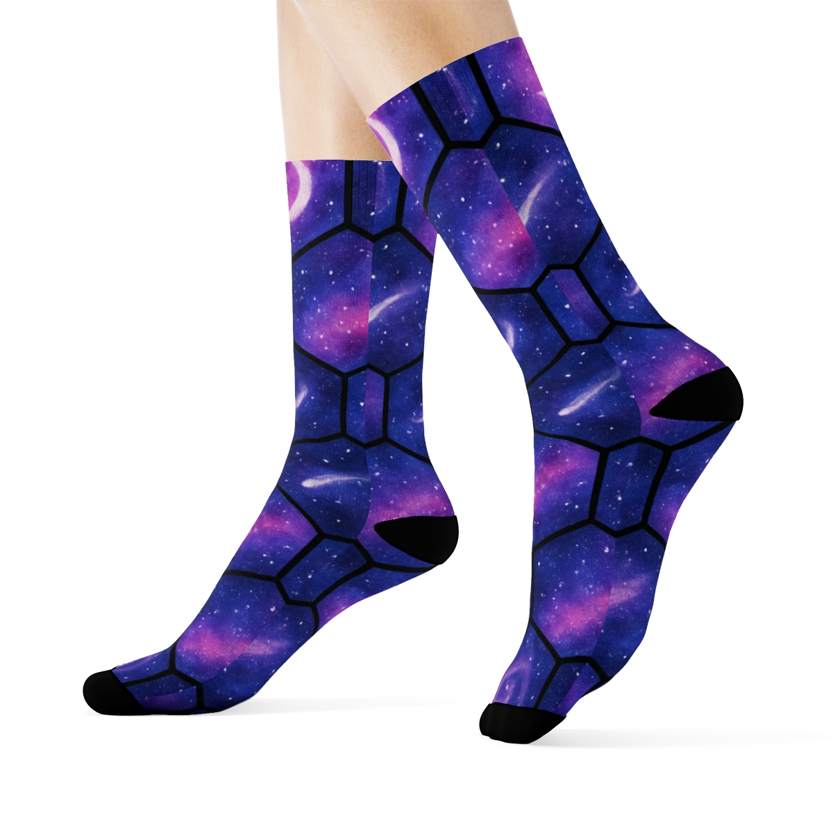 Cosmic Purple Nebula Hex Tessellation On Black Background designer printed crew socks