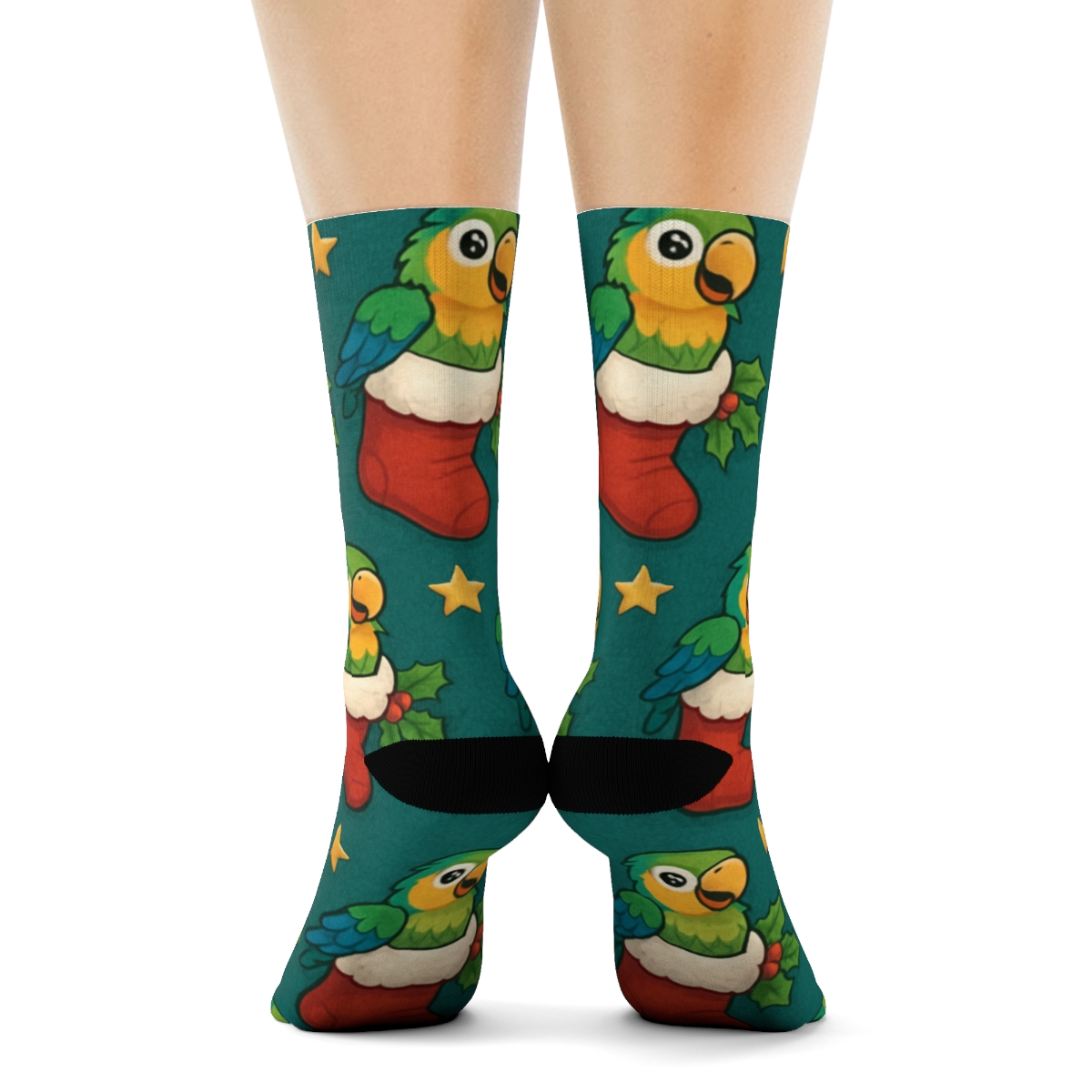 Parrot Stocking Garland Repeat On Teal Background unique graphic crew socks