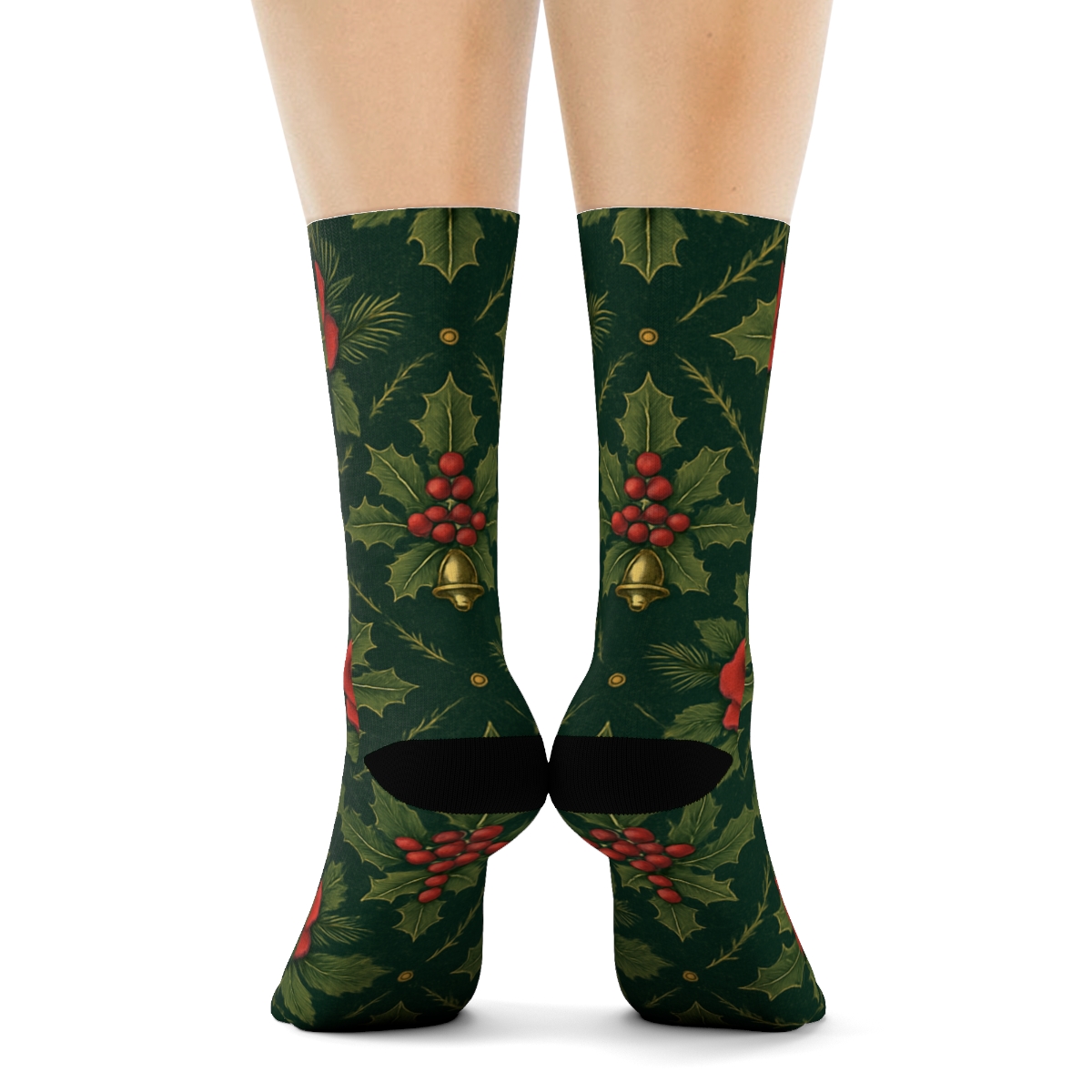 Crimson Rose And Holly Lattice On Deep Forest Background comfortable cotton crew socks